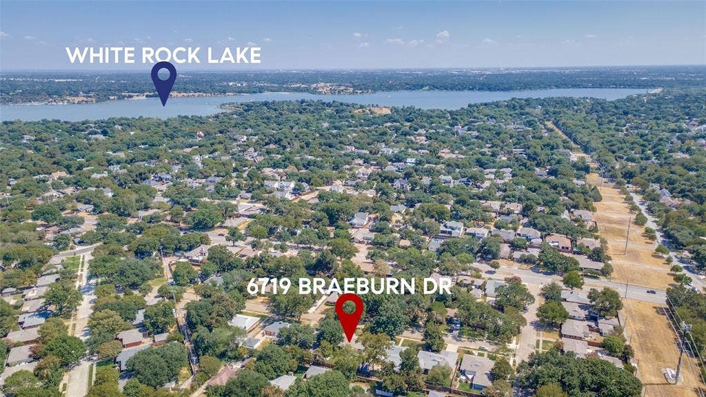 6719 Braeburn Drive, Dallas, TX 75214 Aerial perspective showcasing a residential neighborhood with mature trees and proximity to White Rock Lake