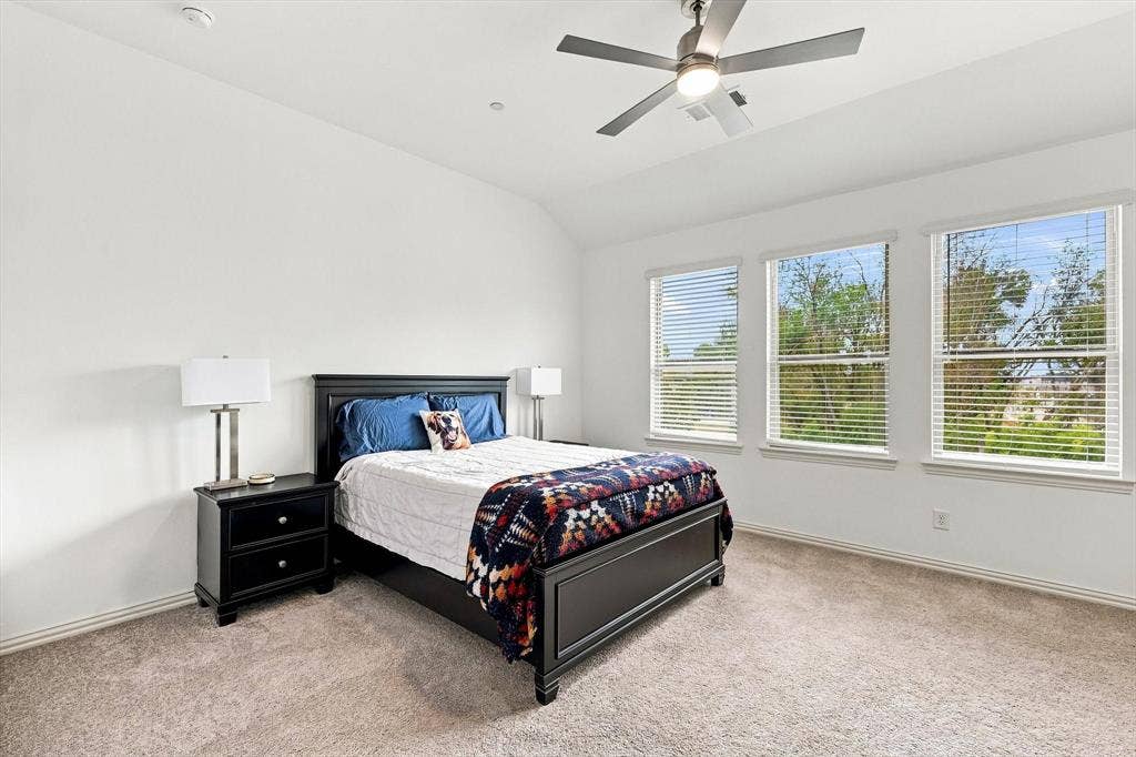 4833 Lunker Street, McKinney, TX 75071 Your private retreat awaits. A spacious primary suite with a vaulted ceiling, ceiling fan, and a wall of windows creates a bright and relaxing escape.