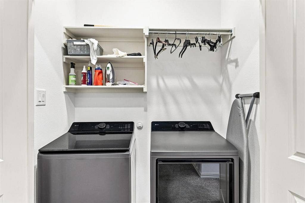 4833 Lunker Street, McKinney, TX 75071 Even laundry day gets an upgrade. A dedicated laundry space with built-in shelving and hanging storage keeps everyday necessities organized and out of sight.