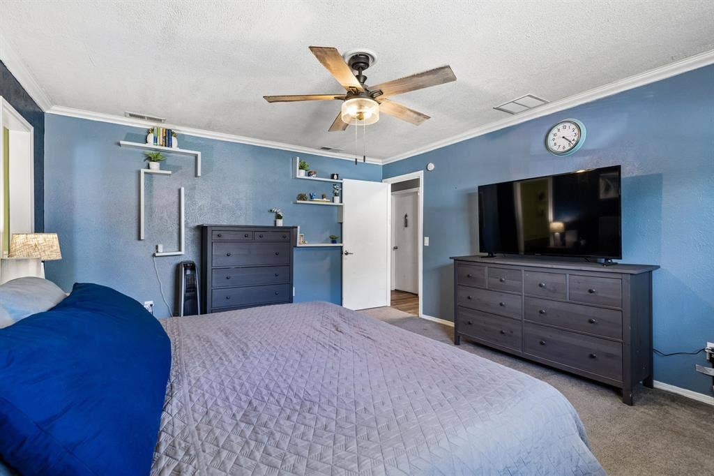 Ceiling fan with integrated lighting, textured walls, permanent shelving, crown molding, and an interior door