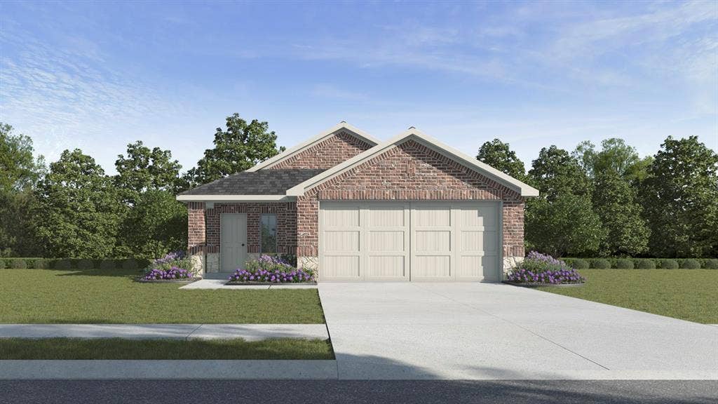 Brick facade with stone accents, attached two-car garage, concrete driveway, and front landscaping