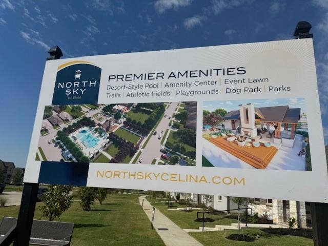 109 North Sky Drive, Celina, TX 75009 Marketing Signage. Displaying community features and a website address for the property