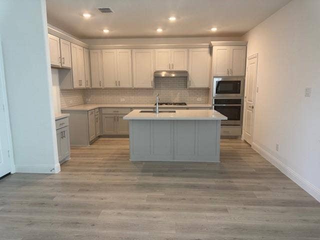 109 North Sky Drive, Celina, TX 75009 Contemporary kitchen with light-toned cabinetry, a central island with an undermount sink, stainless steel appliances, and wood-finish flooring