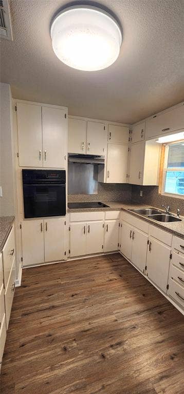 2016 Gavin Road, Tool, TX 75143 Kitchen featuring white cabinetry, integrated wall oven, vinyl flooring, dual basin sink, and ample countertop space