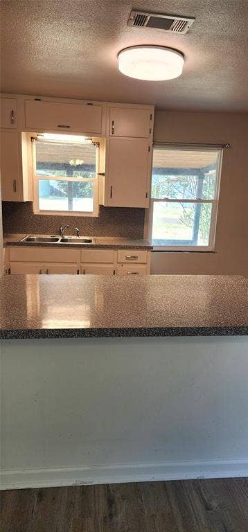 2016 Gavin Road, Tool, TX 75143 Vinyl flooring, white cabinetry, dark speckled countertops, and a double-basin sink