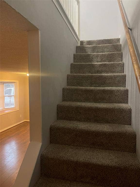Carpeted staircase featuring a wooden handrail and white vertical balusters, accompanied by wood-finish flooring and a bay window in the foreground