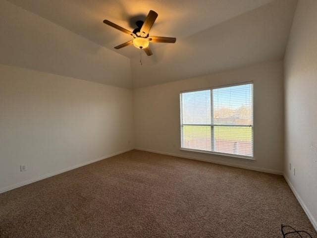 4531 Oak Shores Drive, Plano, TX 75024 Vaulted ceiling with an attached ceiling fan, large window with blinds, and wall-to-wall carpeting