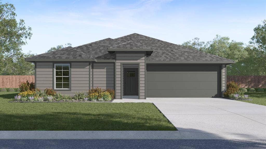 1302 Breezy Oak Drive, Nevada, TX 75173 Single-story residence featuring horizontal siding, a two-car garage, and a gabled roofline