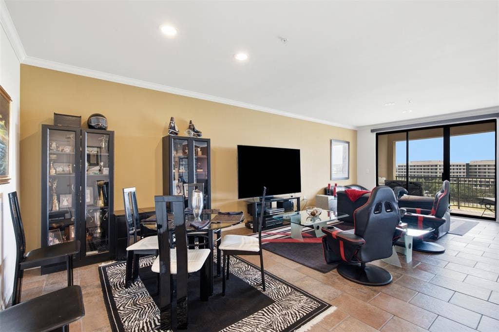330 Las Colinas Boulevard E, #1216, Irving, TX 75039 Crown molding, recessed lighting, and tile flooring