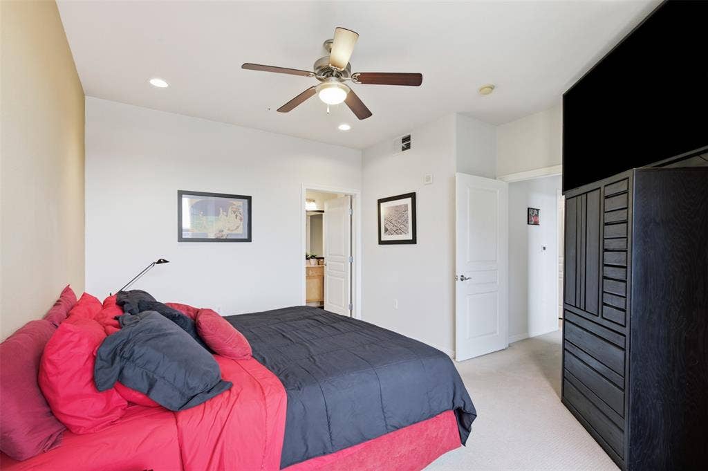 330 Las Colinas Boulevard E, #1216, Irving, TX 75039 Recessed lighting, ceiling fan with integrated light, and light-colored carpet flooring