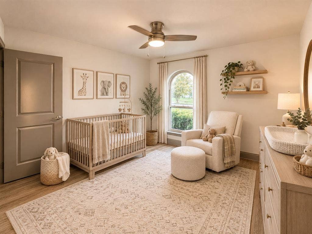 4316 Woodbluff Drive, Mesquite, TX 75150 Virtually Staged Wood-finish flooring, ceiling fan with integrated lighting, arched window with natural light, built-in shelving, and a solid-panel door