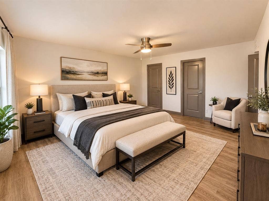 4316 Woodbluff Drive, Mesquite, TX 75150 Virtually Staged Spacious room featuring wood-finish flooring, a ceiling fan, and multiple paneled doors with contrasting trim
