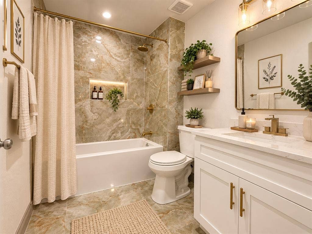 4316 Woodbluff Drive, Mesquite, TX 75150 Virtually Staged Full-height stone-finish wall tile, built-in shower niche with accent lighting, white vanity with stone countertop, gold-finish fixtures, and a rectangular mirror
