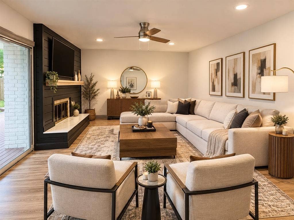 4316 Woodbluff Drive, Mesquite, TX 75150 Virtually Staged Expansive living area featuring wood-finish flooring, a built-in fireplace with a white hearth, recessed lighting, a ceiling fan, and sliding glass doors