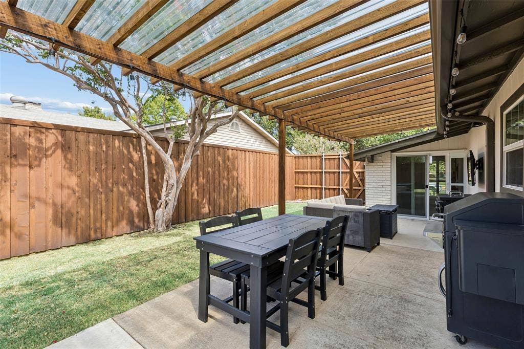 4021 Overdowns Drive, Plano, TX 75023 Mature trees shade a backyard built for year-round use, patio cover included.