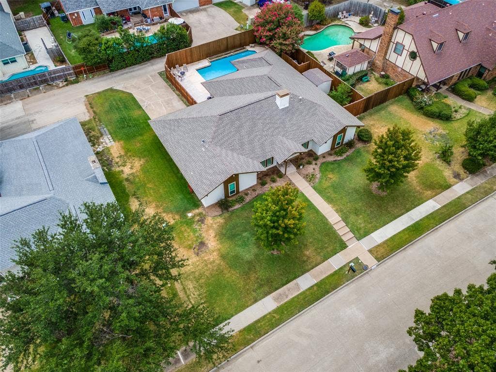 3632 Candelaria Drive, Plano, TX 75023 Single-story residence featuring a gray shingle roof, a front walkway, and a landscaped front yard