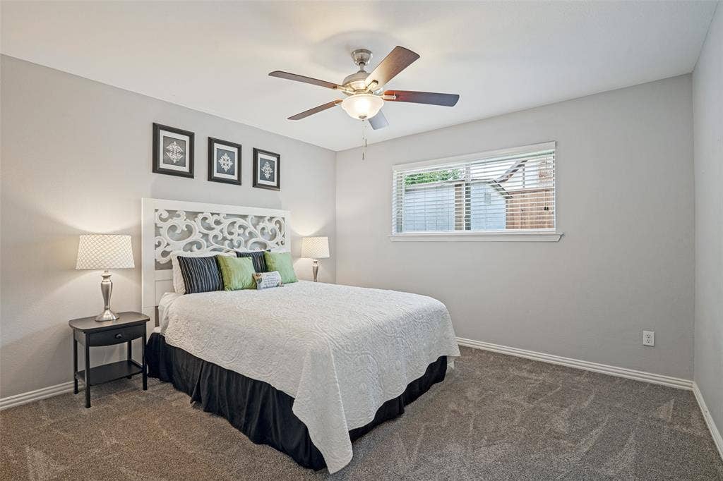 3632 Candelaria Drive, Plano, TX 75023 Carpeted flooring, window with blinds, ceiling fan with integrated lighting, and neutral wall paint