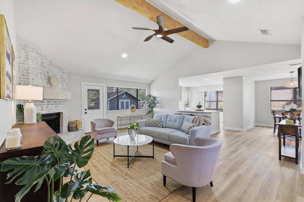 3405 Mill Ridge, Bedford, TX 76021 Vaulted ceiling with exposed wood beam, recessed lighting, and a ceiling fan