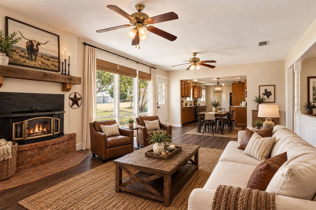 2406 County Road 852, McKinney, TX 75071 Brick fireplace with a dark mantel, wood-finish flooring, and a ceiling fan