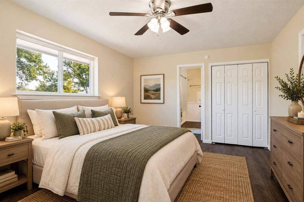 2406 County Road 852, McKinney, TX 75071 Window with outdoor scenery, ceiling fan with light fixture, wood-finish flooring, bi-fold closet doors, and recessed lighting