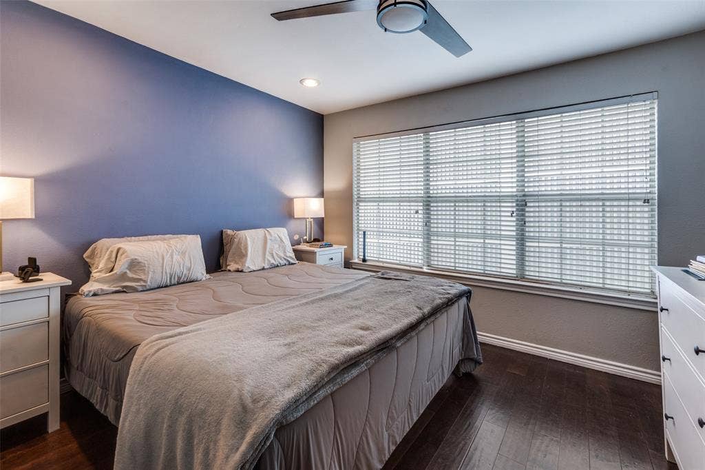 3100 Cole Avenue, #213, Dallas, TX 75204 Bedroom with dark wood-type flooring, a ceiling fan, and recessed lighting
