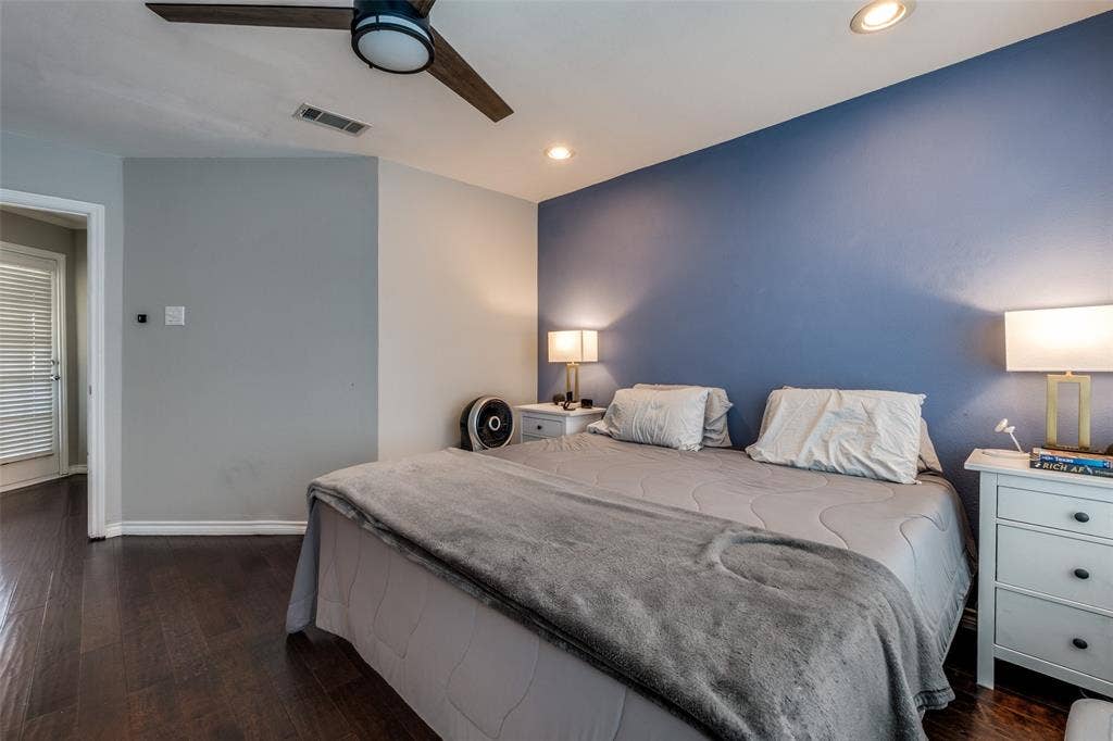 3100 Cole Avenue, #213, Dallas, TX 75204 Bedroom with dark wood-style flooring, recessed lighting, and ceiling fan