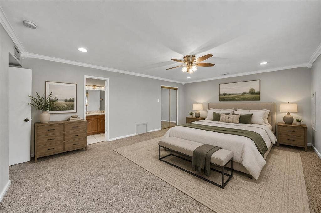 1715 Cherokee Trail, Plano, TX 75023 Recessed lighting, crown molding, and a ceiling fan with light kit