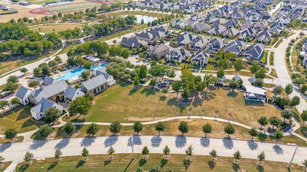 15018 Crape Myrtle Road, Frisco, TX 75035 Community amenities featuring a swimming pool, clubhouse, open green spaces, and paved pathways