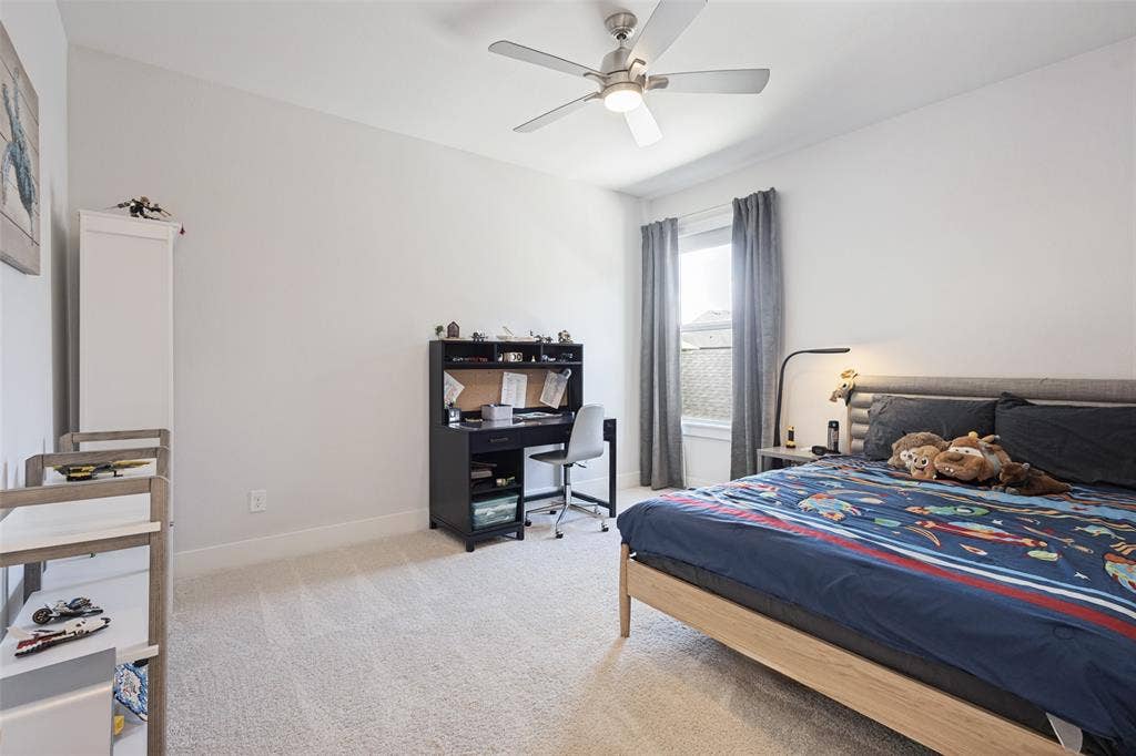 15018 Crape Myrtle Road, Frisco, TX 75035 Plush carpet flooring, recessed window, ceiling fan with integrated lighting, and neutral wall tones