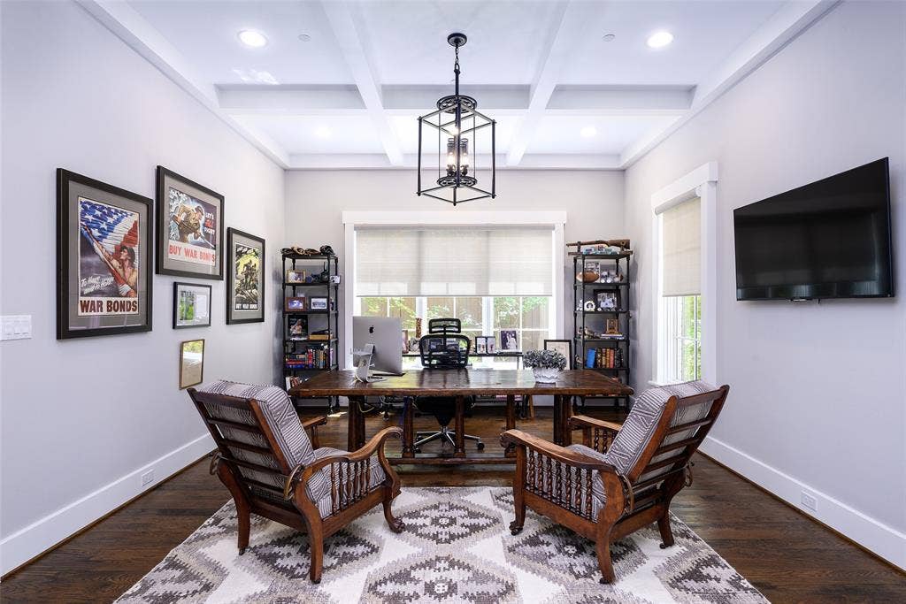 3420 Hanover Street, University Park, TX 75225 Coffered ceiling with recessed lighting and a central chandelier