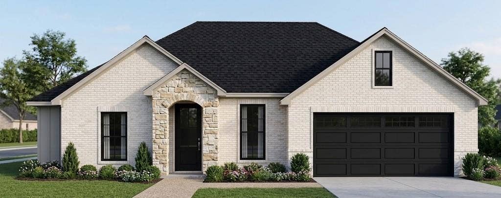 229 Central Park Court, Athens, TX 75751 White brick exterior with stone archway entry, dark shingle roof, black-framed windows, and a two-car garage