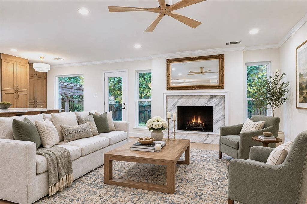 407 Valley Cove Drive, Richardson, TX 75080 Wired for TV above marble fireplace surround, virtually staged