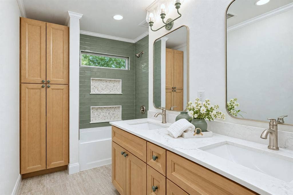 407 Valley Cove Drive, Richardson, TX 75080 Hall Bathroom upstairs, two sinks, extra linen storage