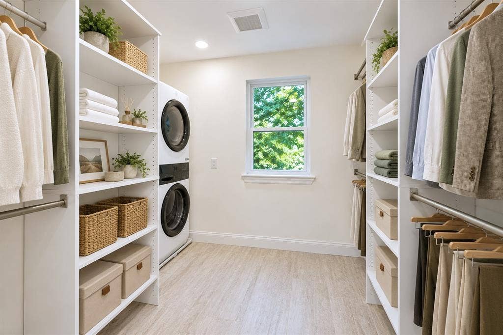 407 Valley Cove Drive, Richardson, TX 75080 Primary Suite closet with full size Electrolux laundry tower included, virtually staged