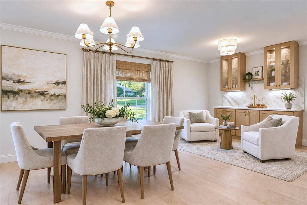 407 Valley Cove Drive, Richardson, TX 75080 White oak floors and cabinets. Open floor plan with large dining room plus lounge area, virtually staged