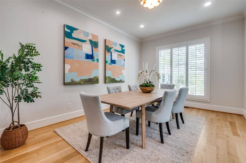 4031 Prescott Avenue, Dallas, TX 75219 Recessed ceiling lighting, crown molding, wood-finish flooring, and window shutters