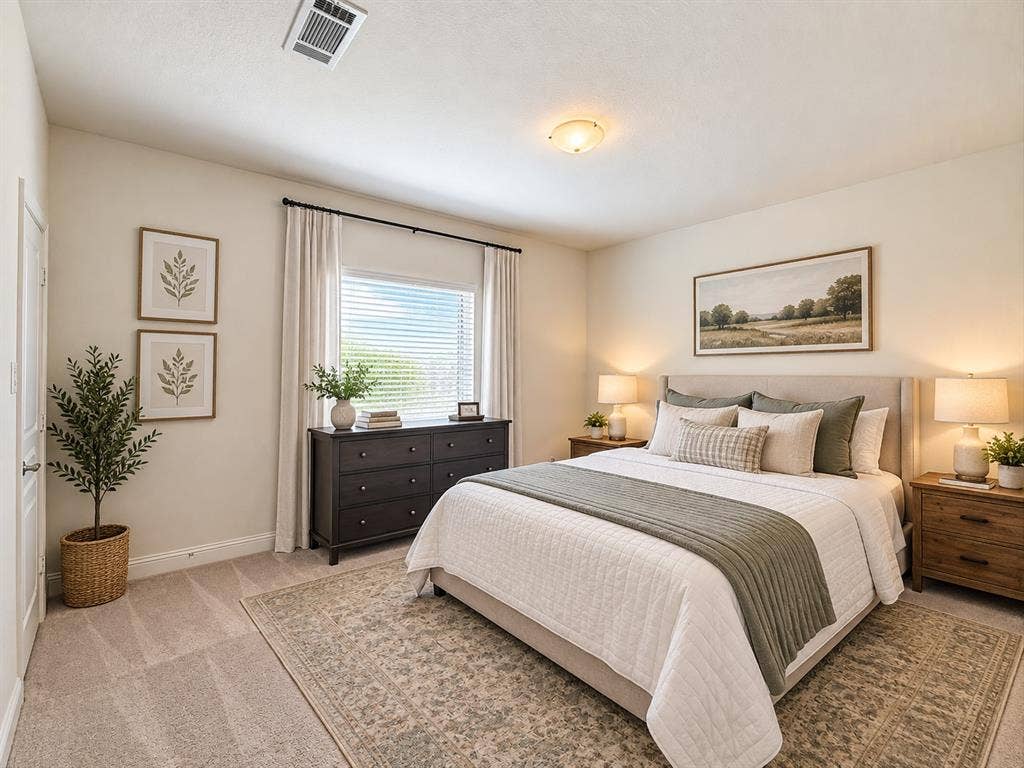 1400 Bonanza Lane, Corinth, TX 76208 Second Guest Suite on main floor with ensuite bathroom and walk-in closet - Virtually staged. Room is currently used as a Craft Room.