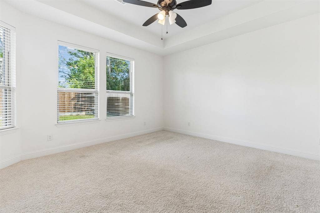 5224 Troupe Road, McKinney, TX 75071 Recessed ceiling, neutral carpeting, multiple windows with blinds, ceiling fan with light fixture