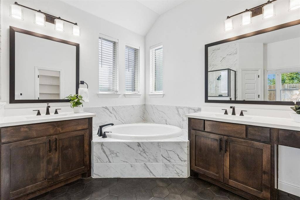 5224 Troupe Road, McKinney, TX 75071 Dual wood-finish vanities with white countertops