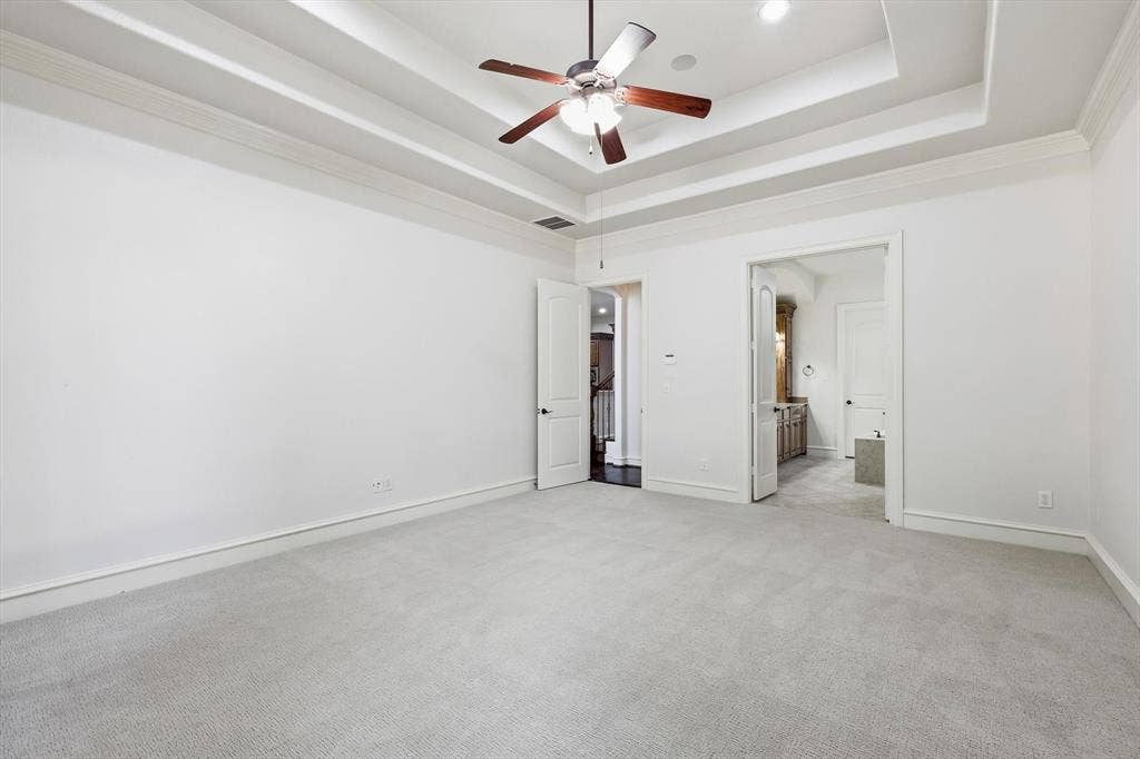 420 Silverado Trail, Keller, TX 76248 Tray ceiling with recessed lighting and ceiling fan