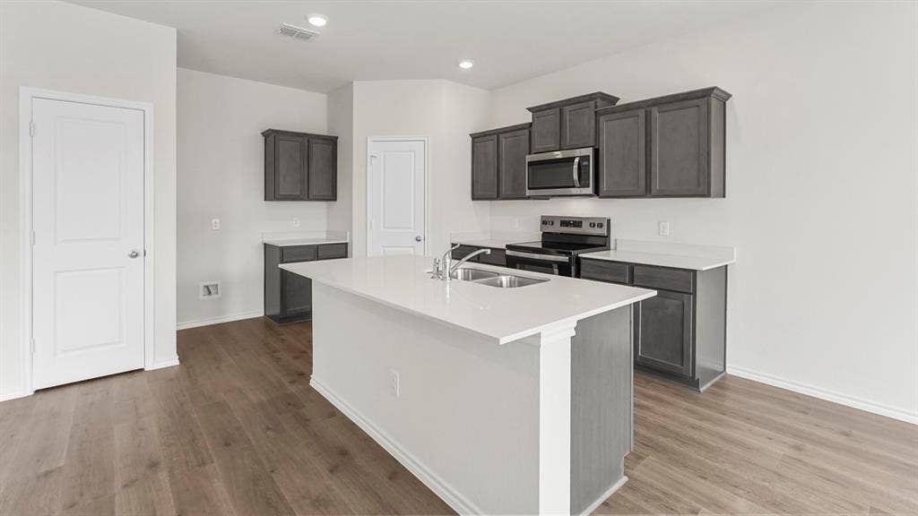 5610 Gannet Place, Crandall, TX 75114 Bright kitchen featuring a central island with an integrated sink, dark gray cabinetry, stainless steel appliances, and wood-finish flooring