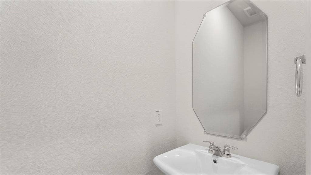 5610 Gannet Place, Crandall, TX 75114 Pedestal sink with chrome faucet, complemented by a frameless octagonal mirror and a wall-mounted towel ring