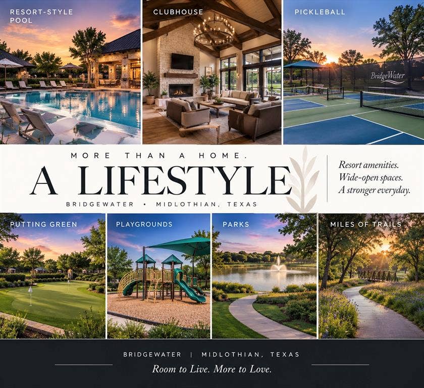 Bridgewater offers walking and biking trails, a resort-style pool, pavilion, amphitheater, parks, and natural water features in a master-planned Ellis County setting.