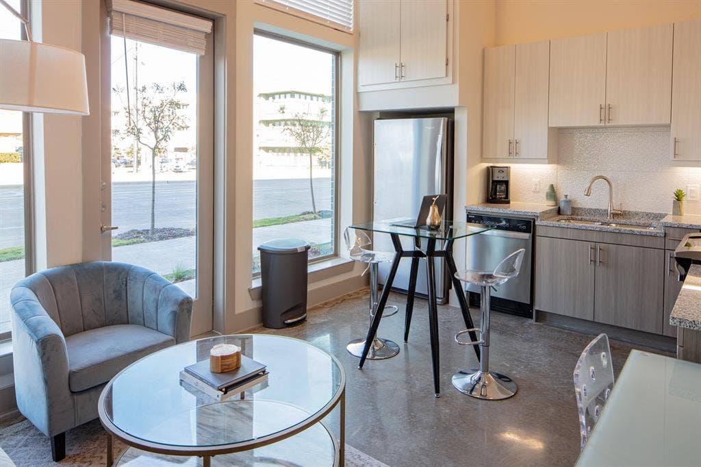 830 N Zang Boulevard, #1117, Dallas, TX 75208 Kitchen featuring backsplash, sink, stainless steel appliances, and plenty of natural light