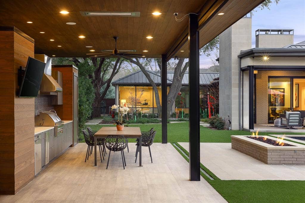 4745 Crooked Lane, Dallas, TX 75229 Covered cabana with built-in heaters, grill, ice maker, beverage refrigerator and remote solar screens