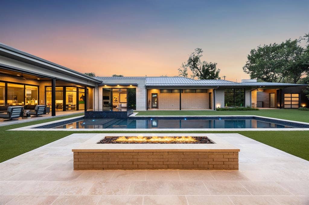 4745 Crooked Lane, Dallas, TX 75229 Covered cabana with fire pit adjacent to pool and spa