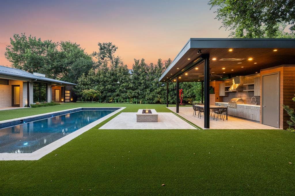 4745 Crooked Lane, Dallas, TX 75229 Large landscaped backyard with pool/spa and covered cabana