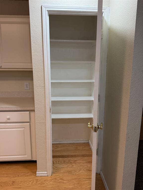 Pantry with multiple built-in shelves, wood-finish flooring, and a brass door handle