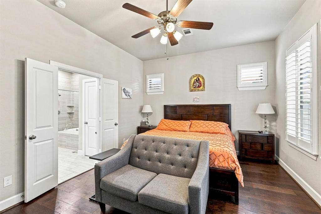 5441 Caine Road, Richardson, TX 75082 Recessed ceiling lighting, wood-finish flooring, plantation shutters, and a wood ceiling fan