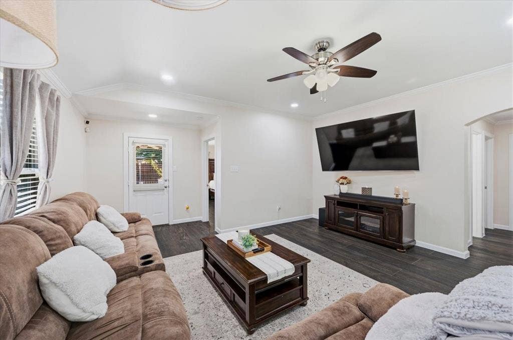 2225 Torch Lake Drive, Forney, TX 75126 Dark wood-finish flooring, recessed lighting, and a ceiling fan with light kit